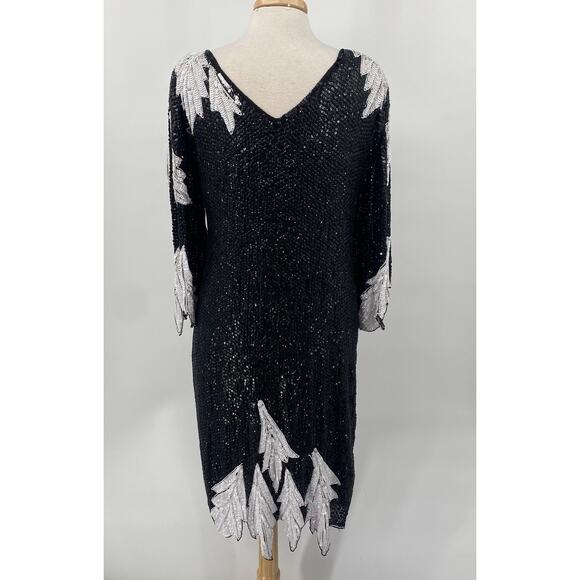 Vintage 80s Silk Beaded Sequined Evening Dress Asymmetric Black White Womens L - Picture 8 of 12